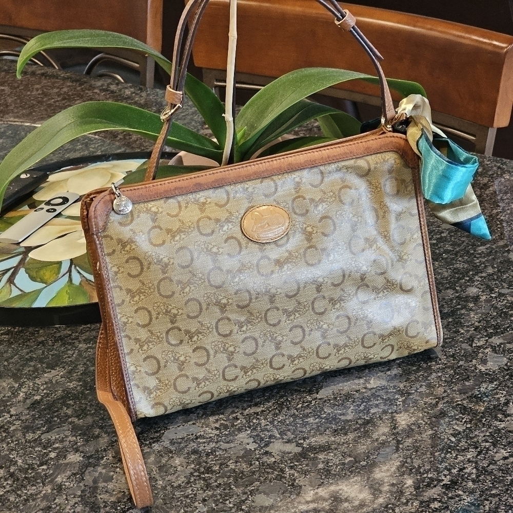 Céline "C" Monogram Horse & Carraige Coated Canvas Clutch w/Strap & Twilly Added - Picture 4 of 16